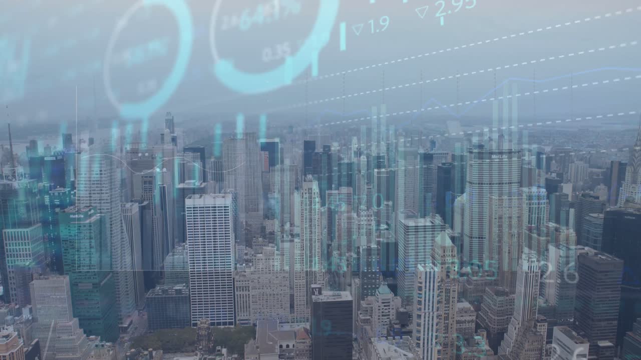 Animation of statistical and stock market data processing against aerial view of cityscape