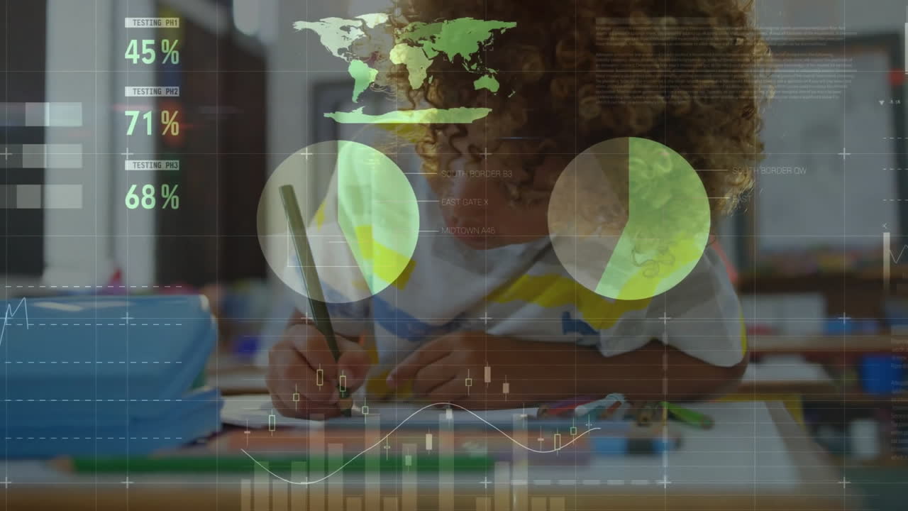 animación de procesamiento de datos financieros sobre un escolar afroamericano escribiendo en un cuaderno