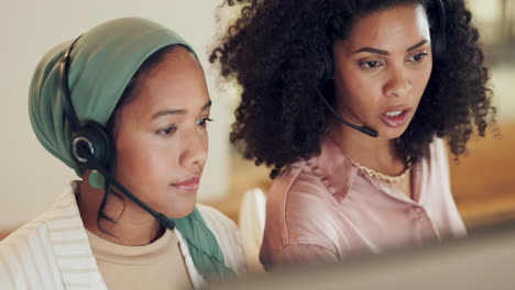 Call-center,-women-and-team-manager-on-computer