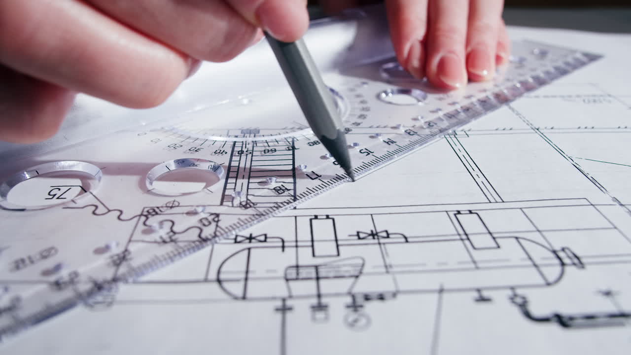 Close-up of Hands Working on a Blueprint with Ruler and Pencil