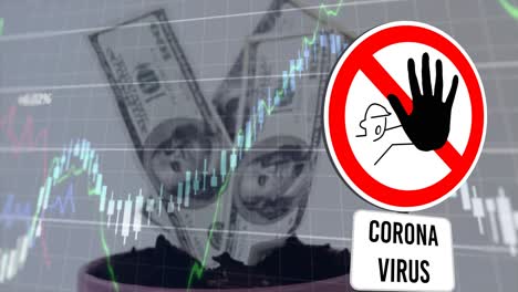 Financial-market-data-processing-and-covid-19-warning-sign-against-american-dollars