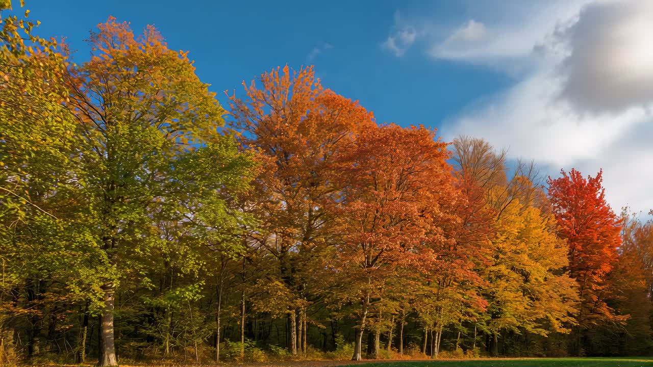 Displaying deciduous trees quivering under gentle breeze in grassy clearing with clouds drifting
