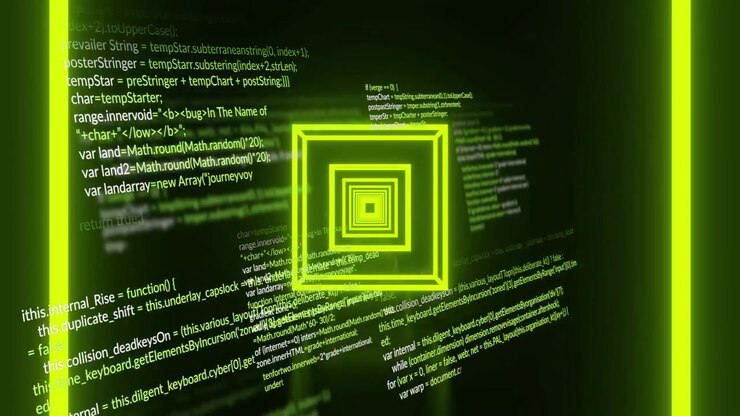 Neon Green Glowing Geometric Tunnel with Scrolling Computer Code