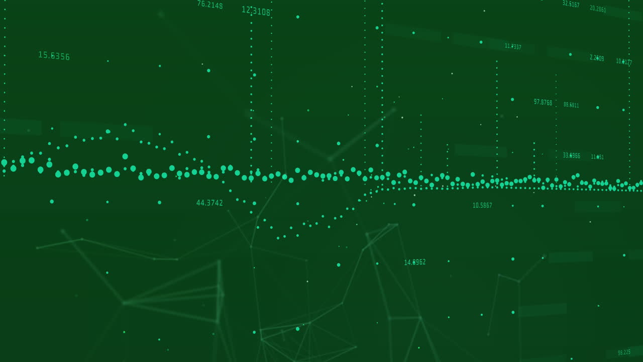 Animation of data processing and network of connections against green background