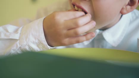 little schoolboy eats fresh pizza from color plate closeup