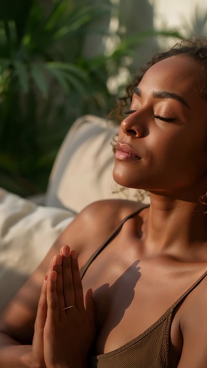Vídeo vertical: Mulher sentada de top de alça marrom respirando em um lounge, com a luz mudando e um anel visível.