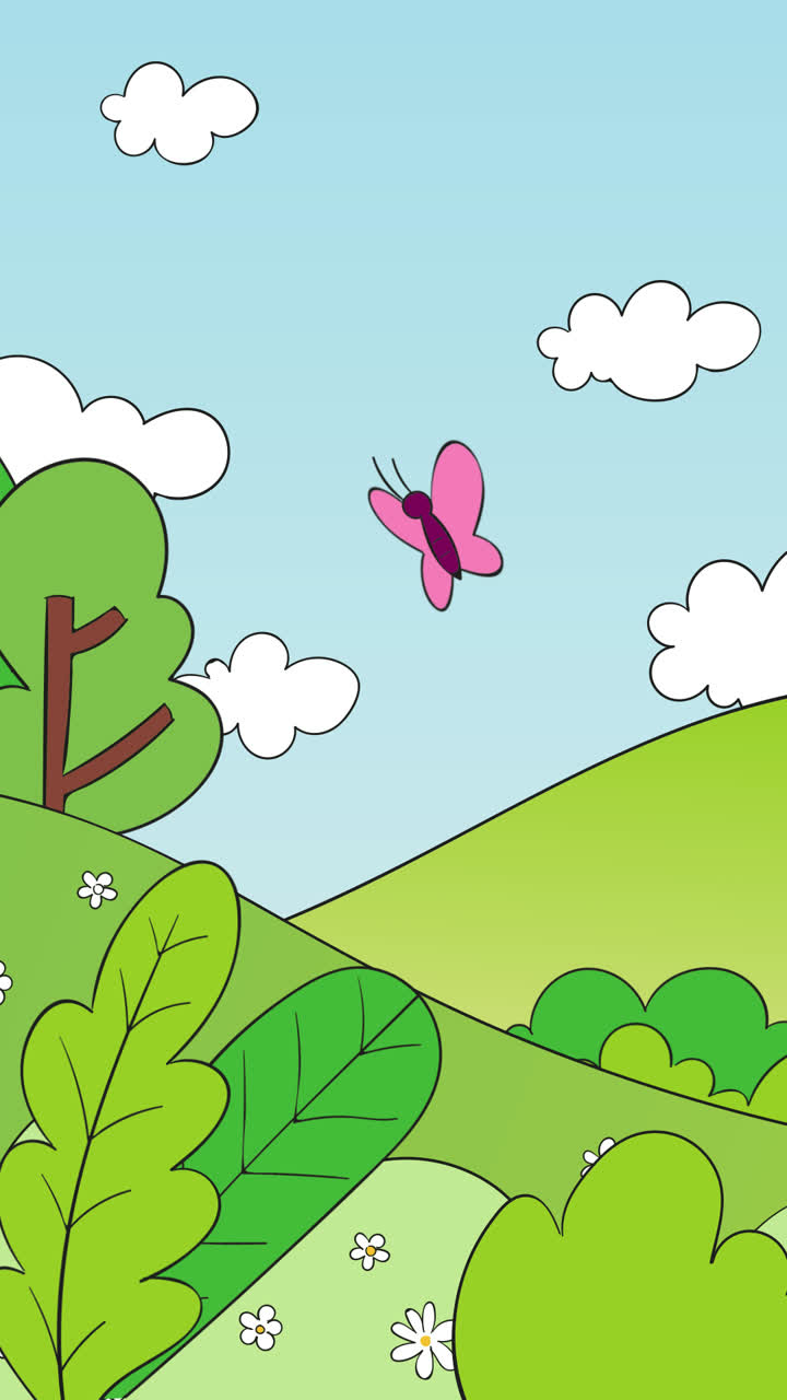 Motion Graphic of Hand drawn spring landscape with nature and butterfly