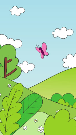 gráfico de movimiento de paisaje de primavera dibujado a mano con naturaleza y mariposa