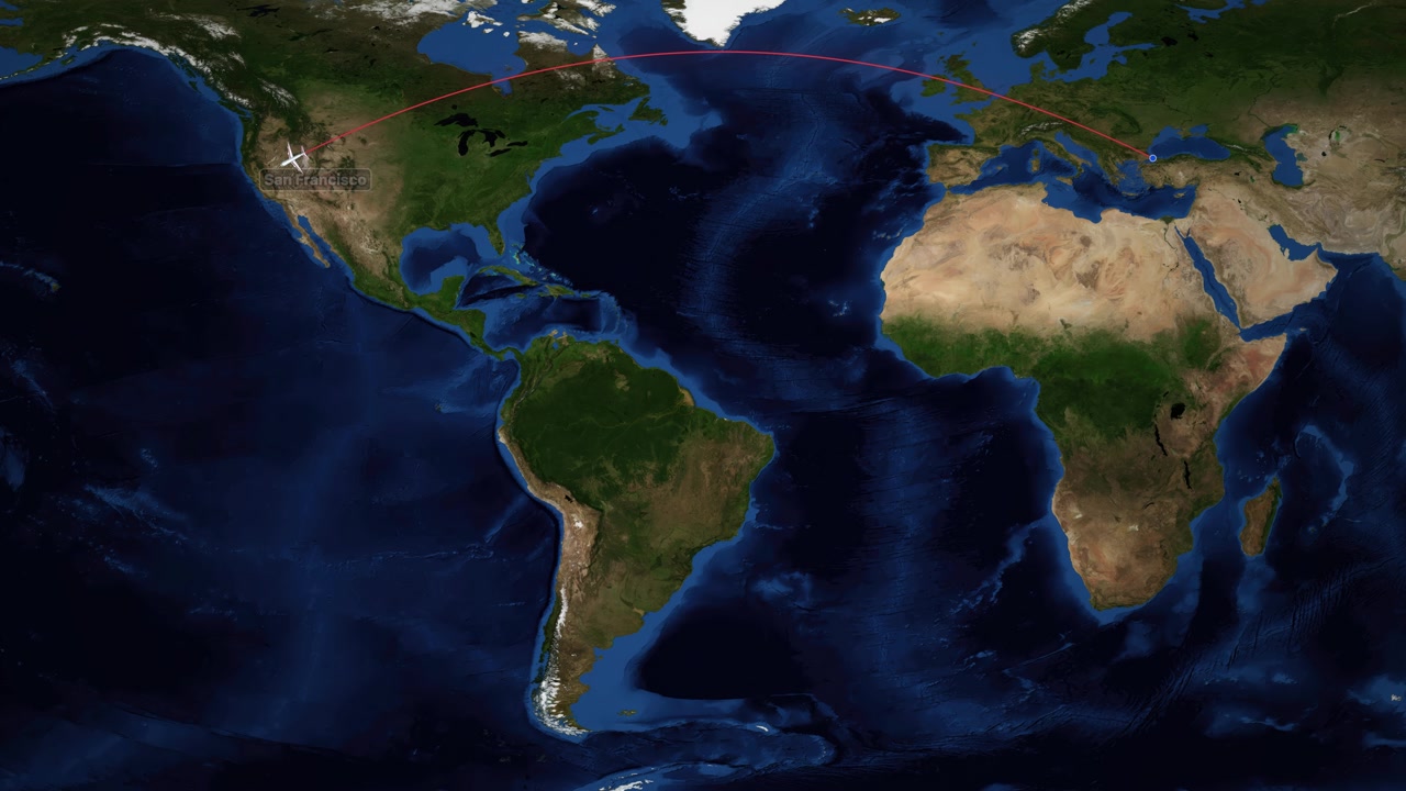 Una linea rossa traccia un aereo che vola attraverso una mappa del mondo dalla Turchia alla California