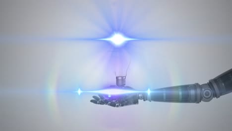 Animation-of-illuminated-light-bulb-over-hand-of-robot-arm,-with-blue-light-on-grey-background