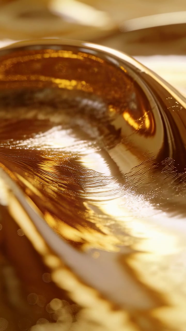 Vertical video: Shifting golden trough revealing sliding glares after camera move in macro studio