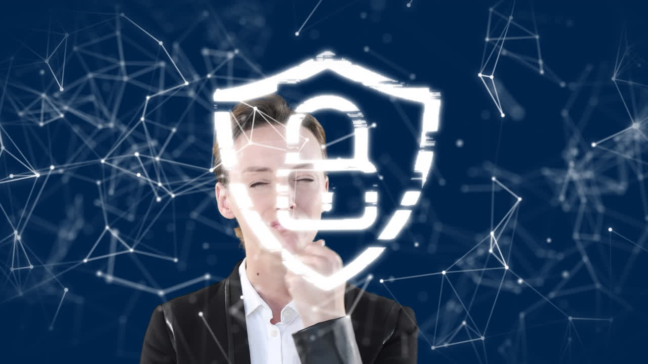 animación de redes de conexión y candado en línea sobre mujer de negocios caucásica