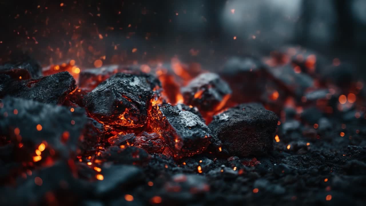 Glowing Embers and Sparking Hot Coals: A Captivating Close-Up of Red-Hot Charcoal and Glimmering Ashes in the Ambient Glow of a Fire's Remnants