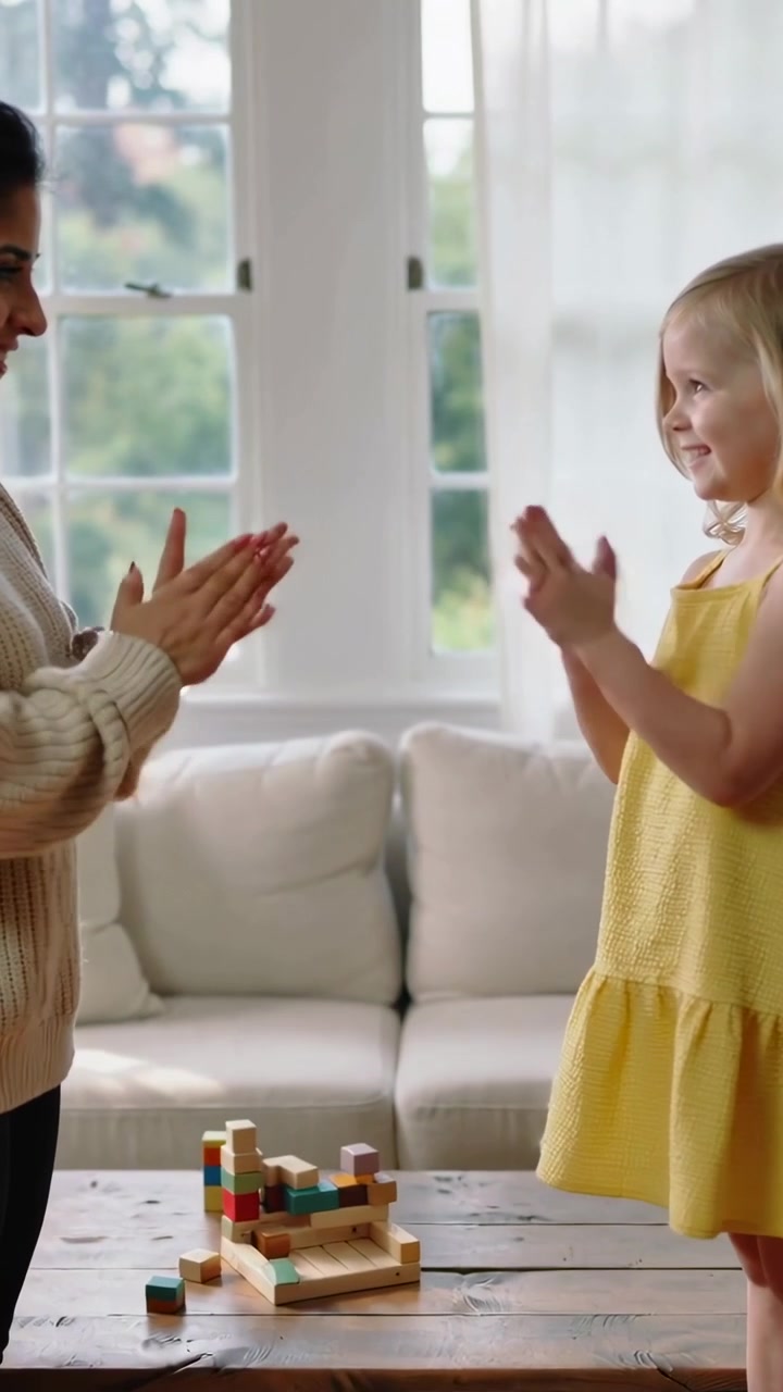 Vertical video: Raising mom playing clapping game with girl in yellow dress at home table with toy