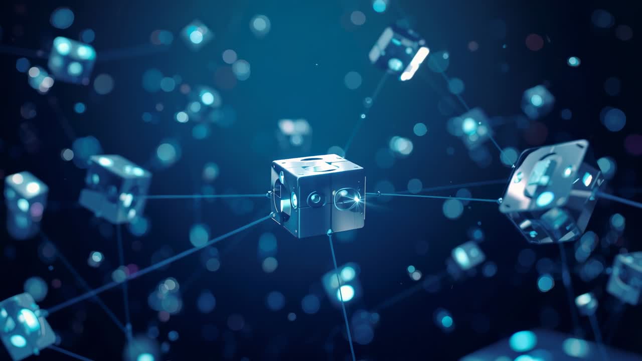 Opening on central metal cube in blue space with outer cubes, camera orbiting to reveal filaments