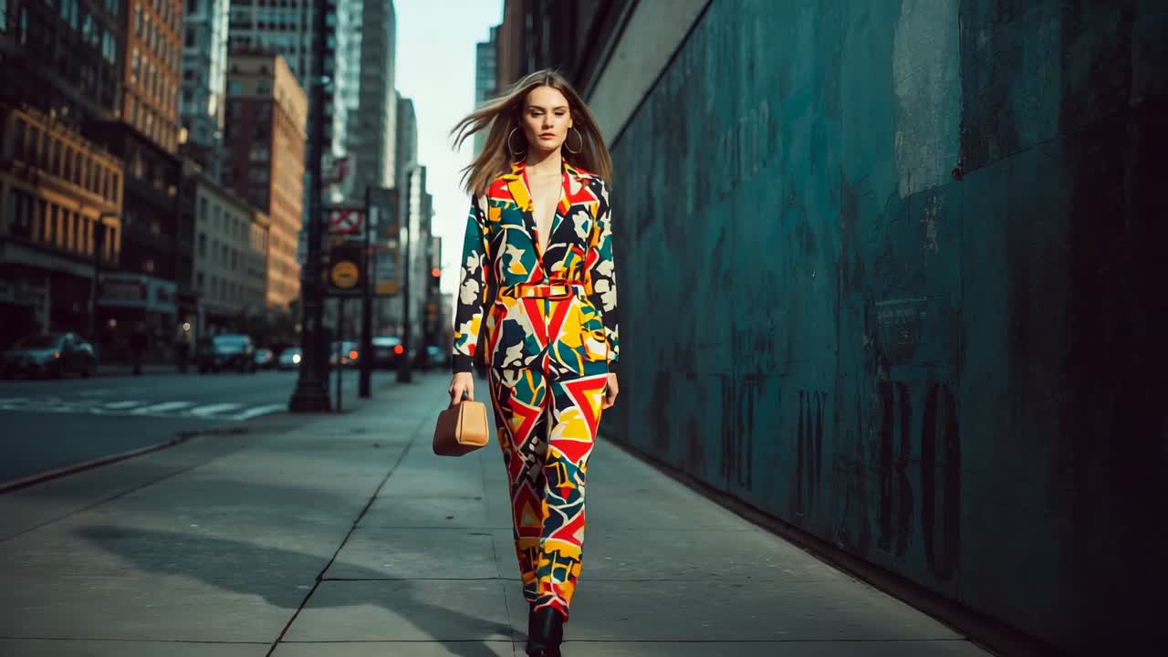 Appearing woman wearing patterned jumpsuit walking toward camera on sidewalk, with tan handbag
