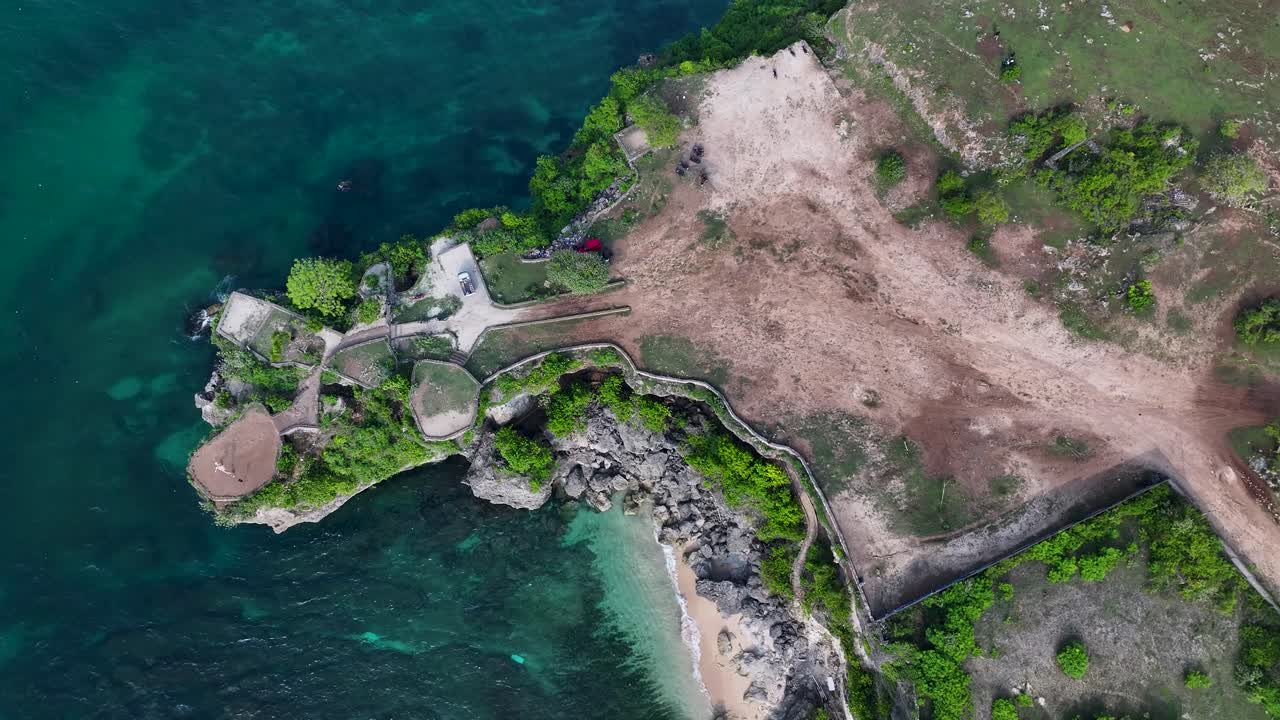 Viewing platform on cliff at Balangan Beach in Bali, Indonesia. Aerial travel destination