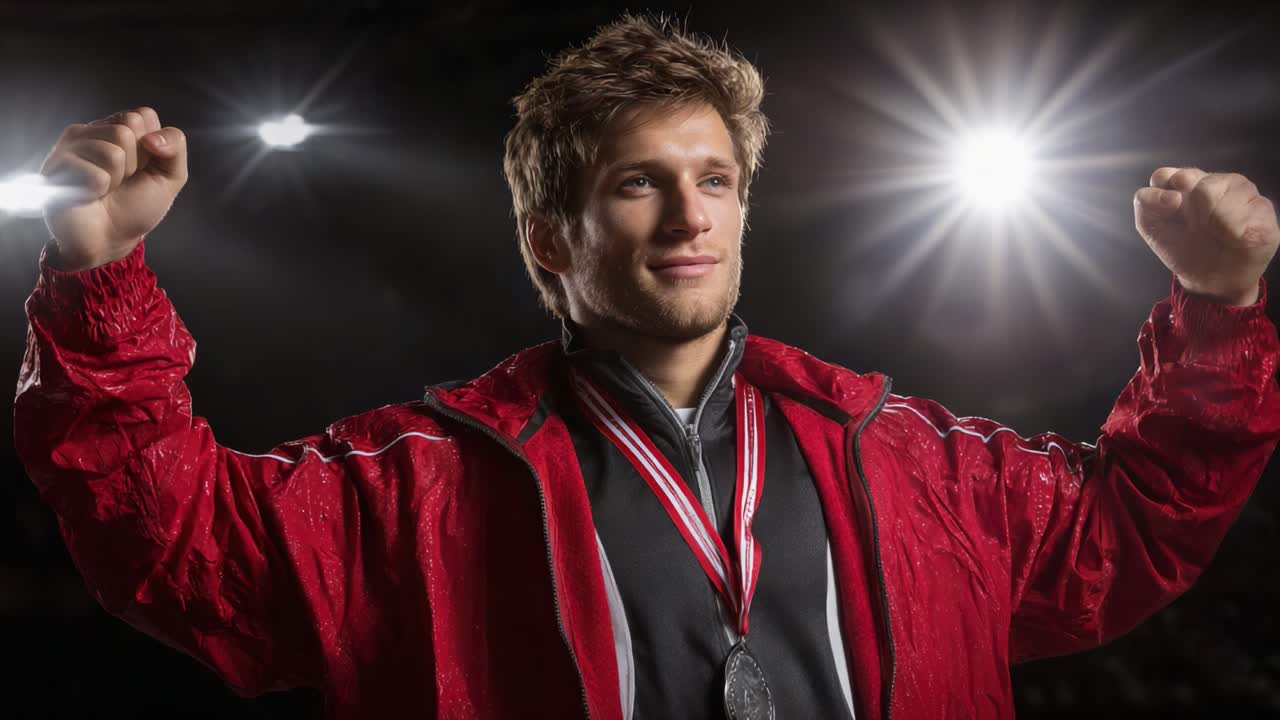 Victorious Athlete Celebrates Achievement with Proud Pose and Silver Medal, Surrounded by Bright Stage Lights in a Defining Moment of Triumph