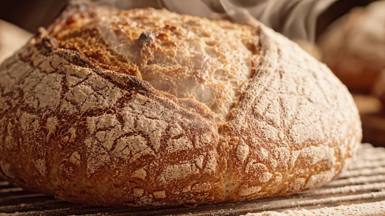 A Close-Up View of Freshly Baked Artisan Bread Emerging from the Oven, with Steam Rising and a Golden-Crusted Exterior Showcasing Its Deliciousness