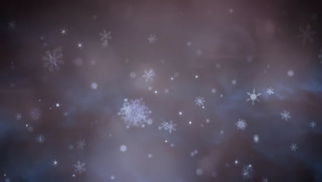 animación de copos de nieve de navidad cayendo sobre humo y luces bokeh sobre fondo negro