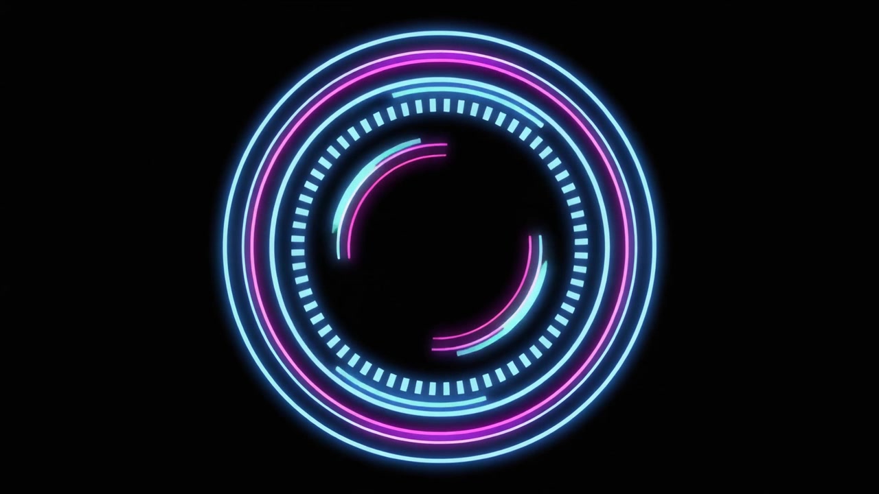 Abstract Neon Circular HUD Interface Rotating on Black Background