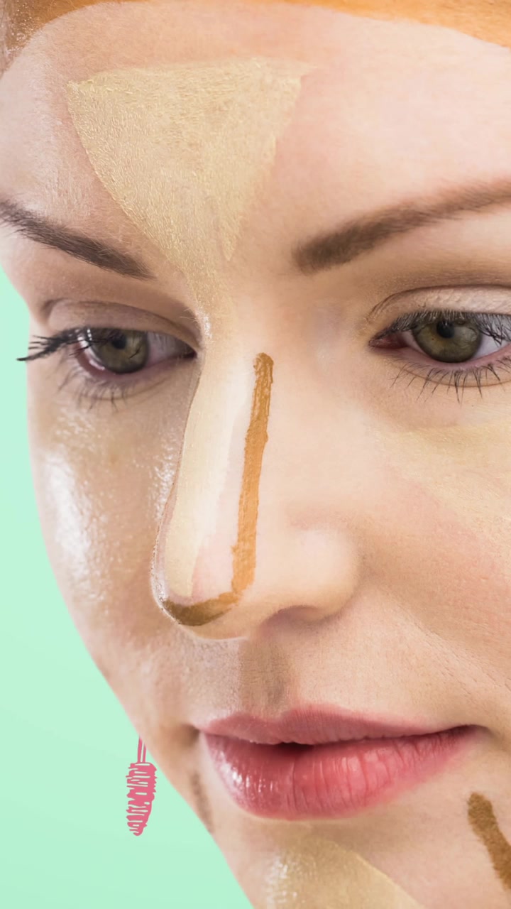 Animation of mascara repeated with woman on green background