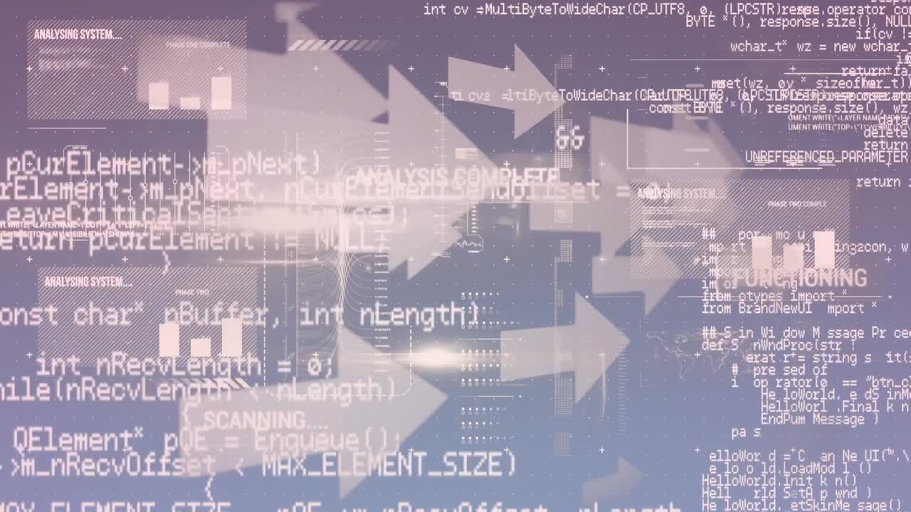 보라색 그라디언트 배경에 화살표 아이콘을 통해 데이터 처리를 하는 인터페이스의 애니메이션