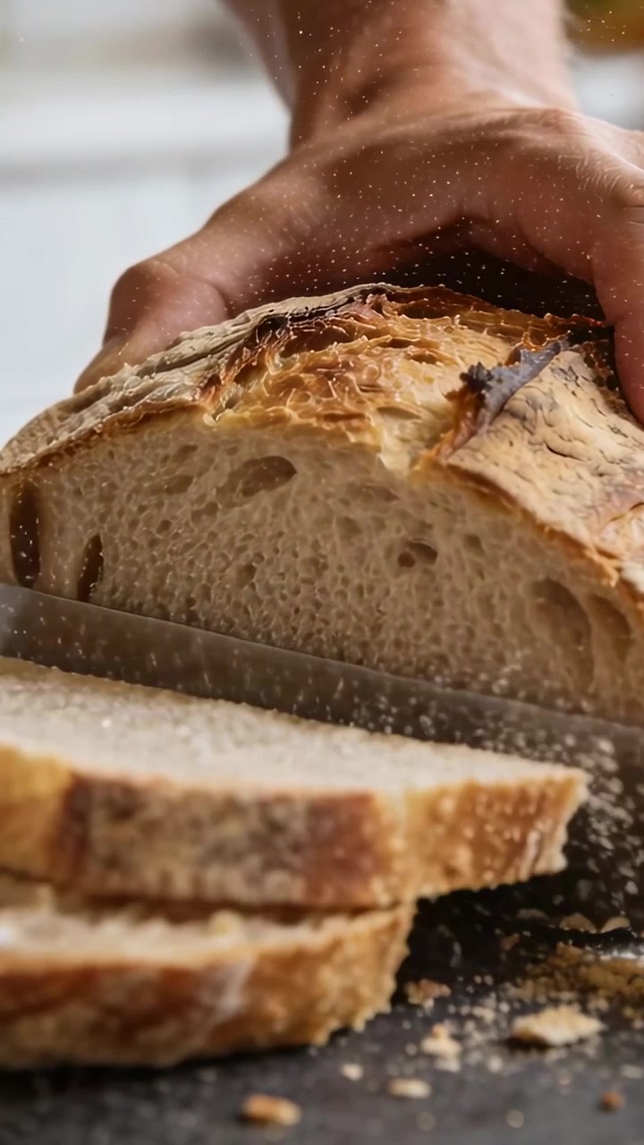 Vertical video: Placing hand, cook holding loaf and sawing knife, slicing on kitchen board to serve