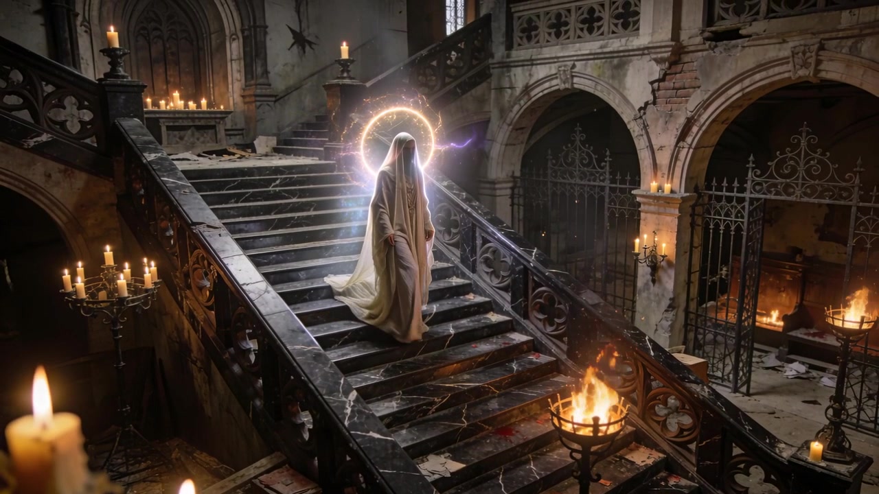 Un alone che si forma mentre una figura incappucciata e ammantata scende una scalinata di pietra verso un braciere e candele rituali.