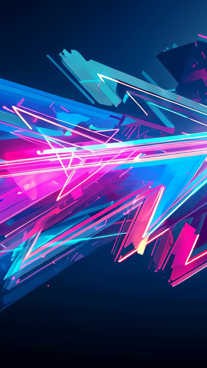 Vertical video: Starting camera gliding through neon tunnel with rotating prisms and pulsing rods