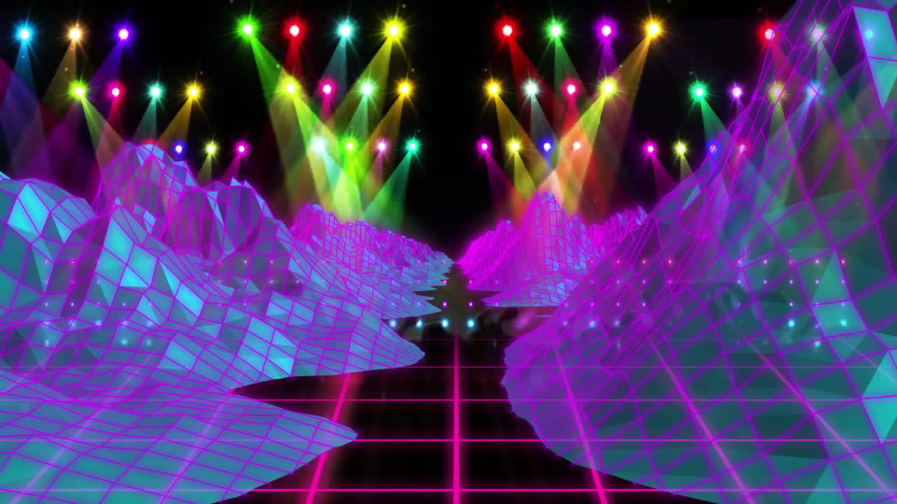 Creating futuristic digital environment, colorful lights forming neon grid landscape