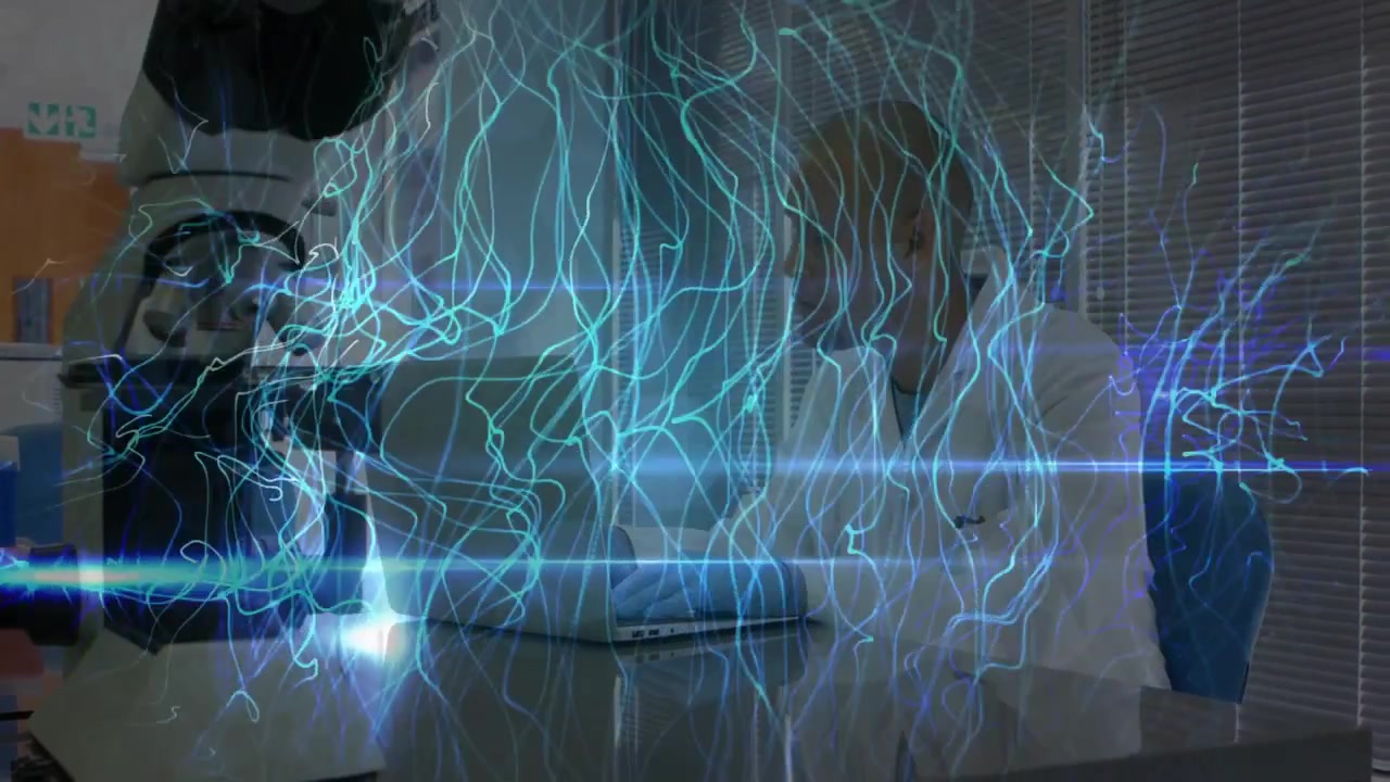 Scientist operating microscope initiating animated blue data streams across desk for science