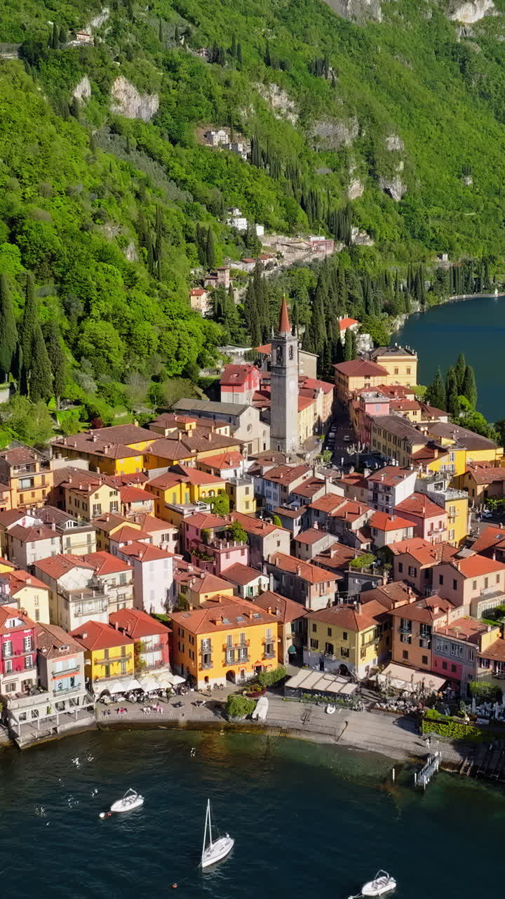 Aerial drone view of Varenna village near Lake Como, Italy. Vertical