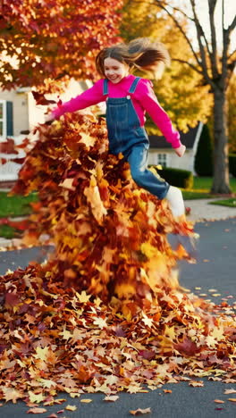 girl playing in a pile of autumn leaves