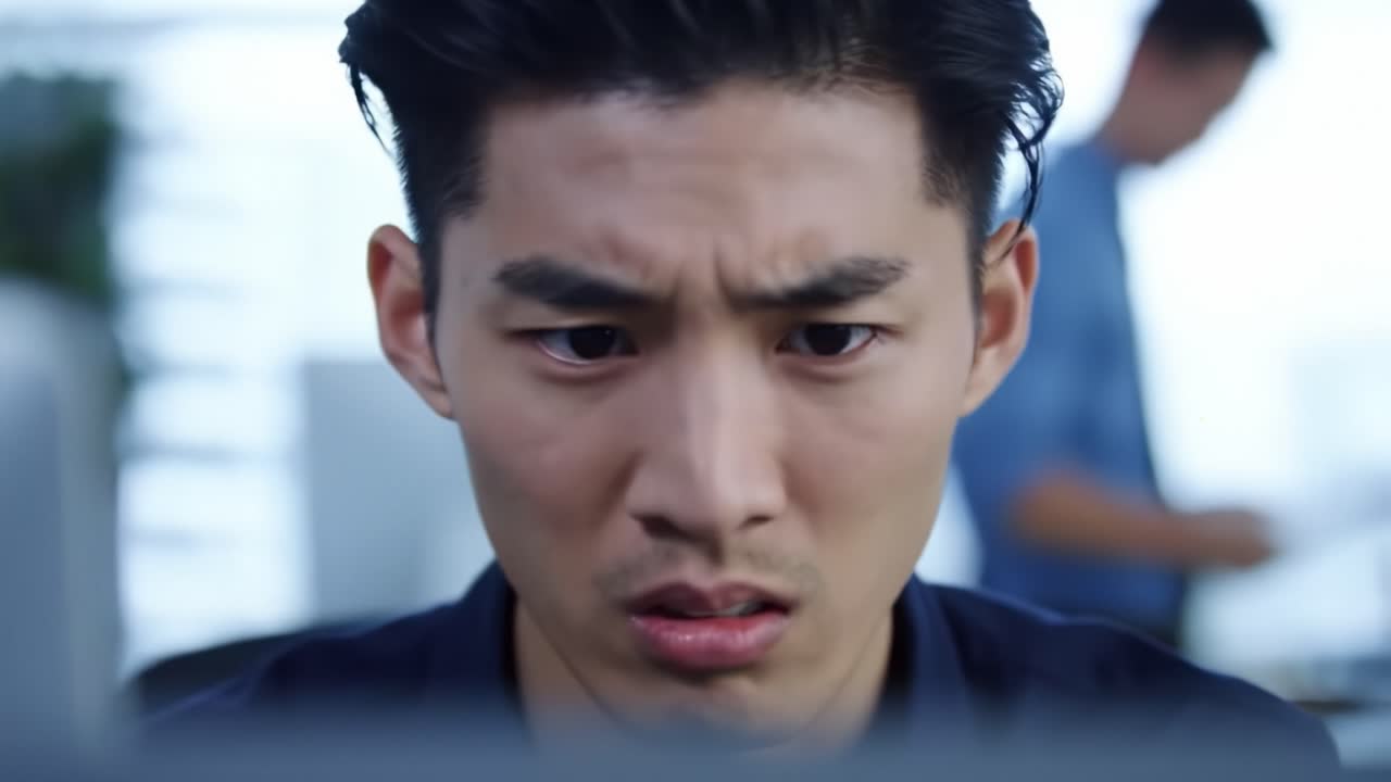 A young man appears troubled while reviewing documents during a business meeting in a contemporary office setting. His expression shows concentration and concern.