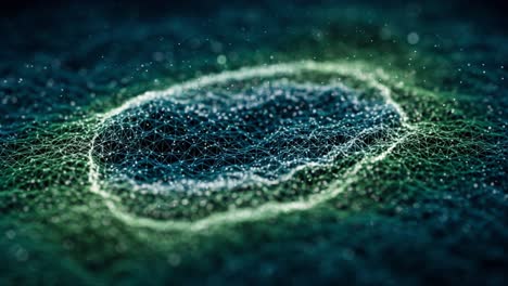 dynamic visualization of a particle or cell structure in a futuristic digital environment, showcasing intricate network patterns and luminous effects
