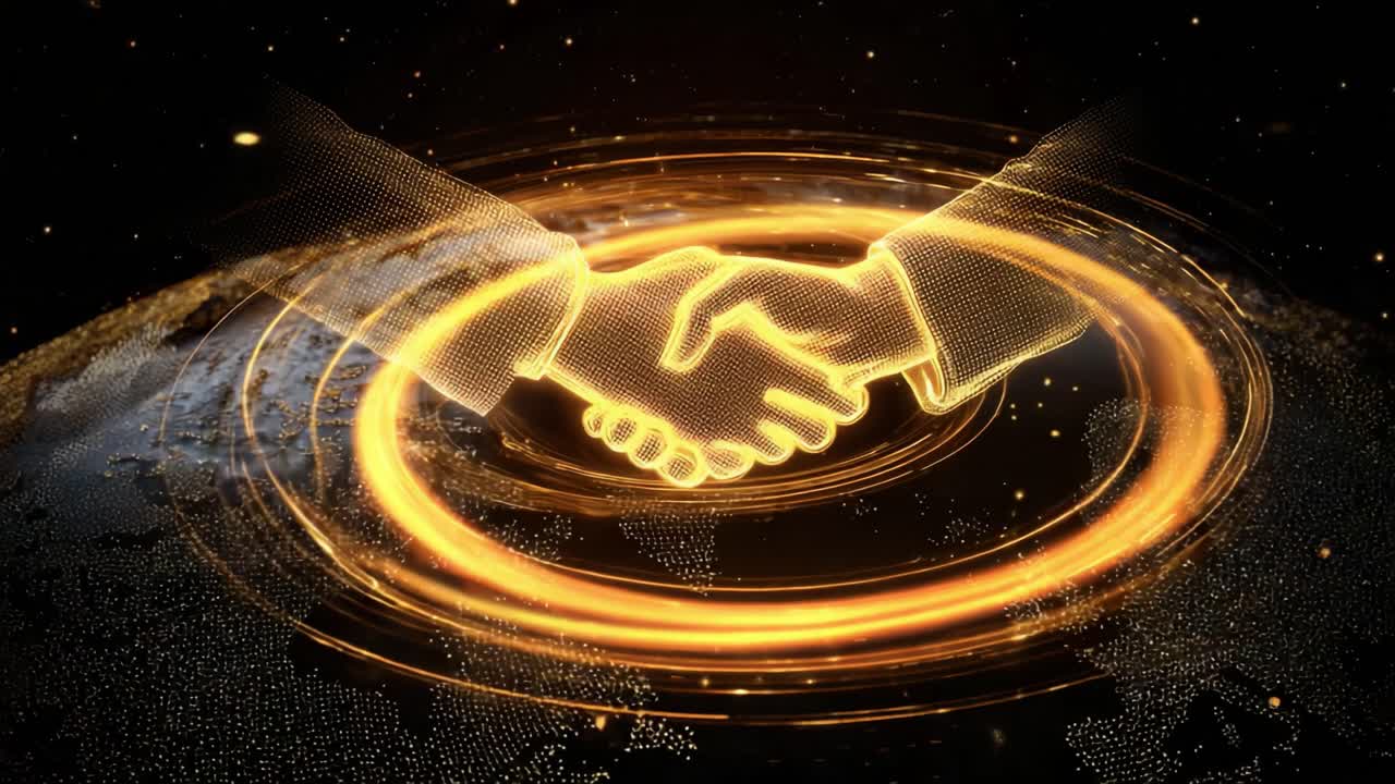 Digital golden handshake animation floating over a particle world map with swirling light trails. Conceptual motion graphics representing global business cooperation. Agreement. And future technology