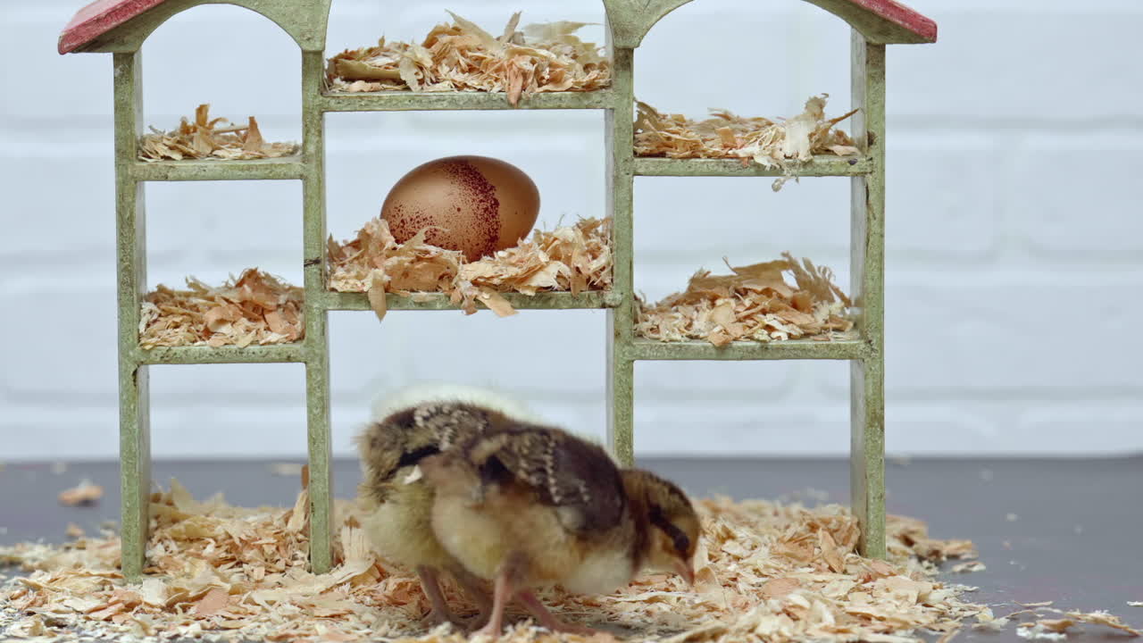 Drei Küken picken nach Futter auf kleinem Set mit Puppenhaus und Ei, Nahaufnahme