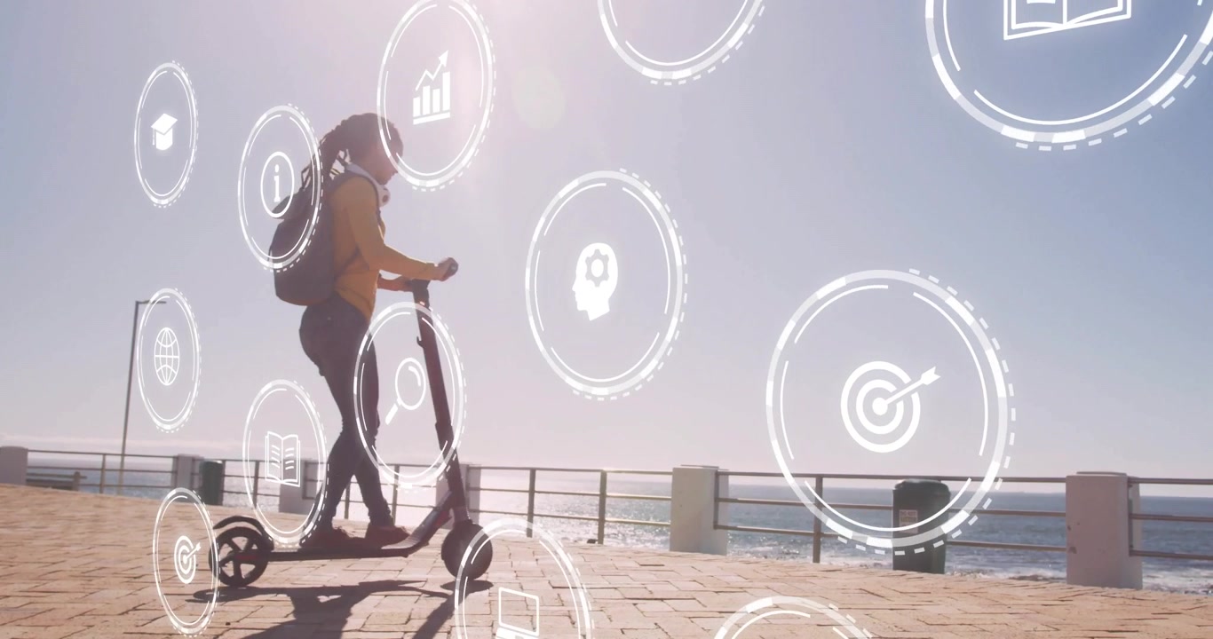 Woman pushing scooter along promenade and gliding through swirling knowledge icons showing learning