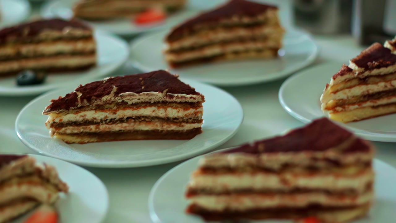 Several chocolate and vanilla layered pastries arranged on a tray, side angle pan