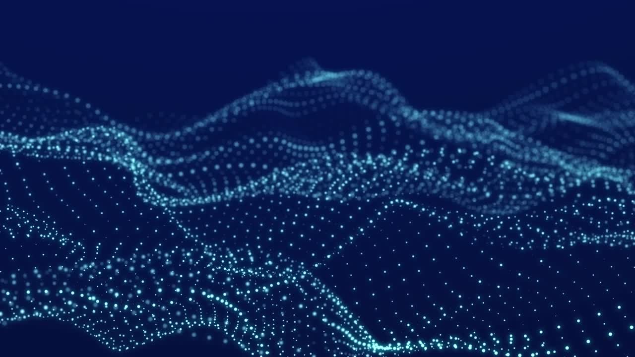 Dynamic wave with many dots. Abstract motion background of colored dots. Technology or science. 3d rendering Seamless loop. 4K