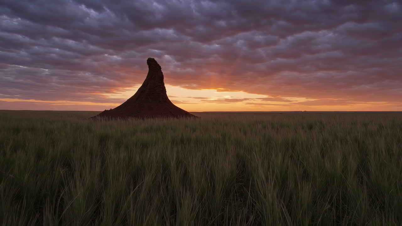 Sunrise over a Termite Mound in a Field