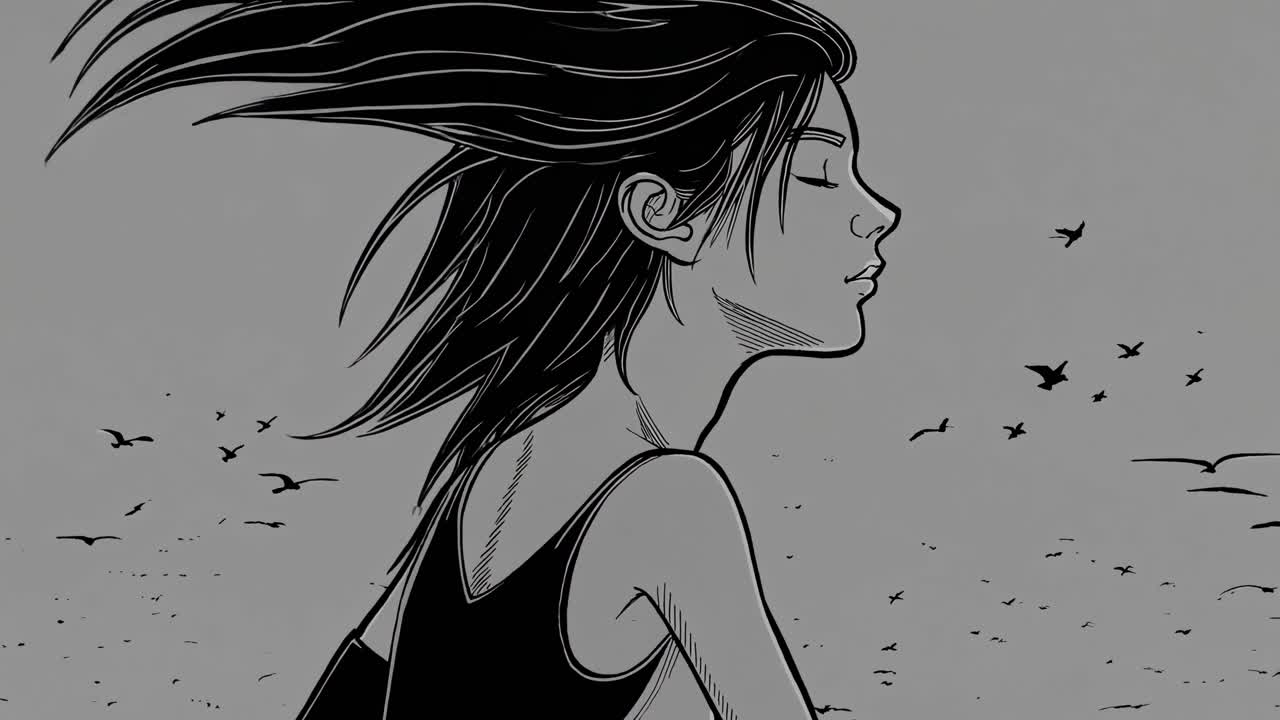 Wind swept hair framing contemplative face, female silhouette absorbing serene coastal landscape with soaring seabirds against monochrome backdrop