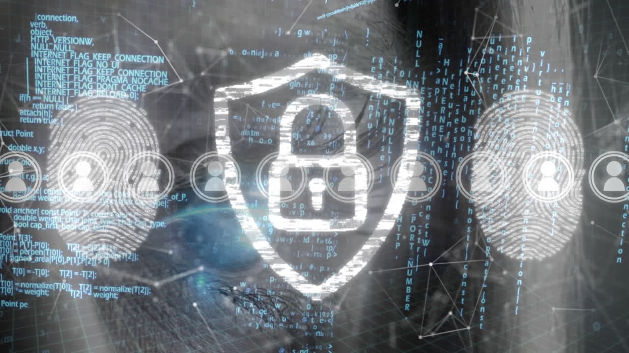 animazione delle icone del profilo, del lucchetto nello scudo e delle impronte digitali, del linguaggio informatico e dei punti collegati