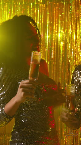 Vertical-Video-Of-Two-Women-In-Nightclub-Or-Bar-Dancing-Drinking-Alcohol-With-Sparkling-Lights-In-Background-1