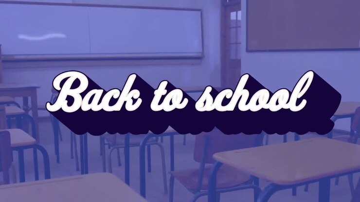 Digital animation of back to school multicolored text against empty class at school in background