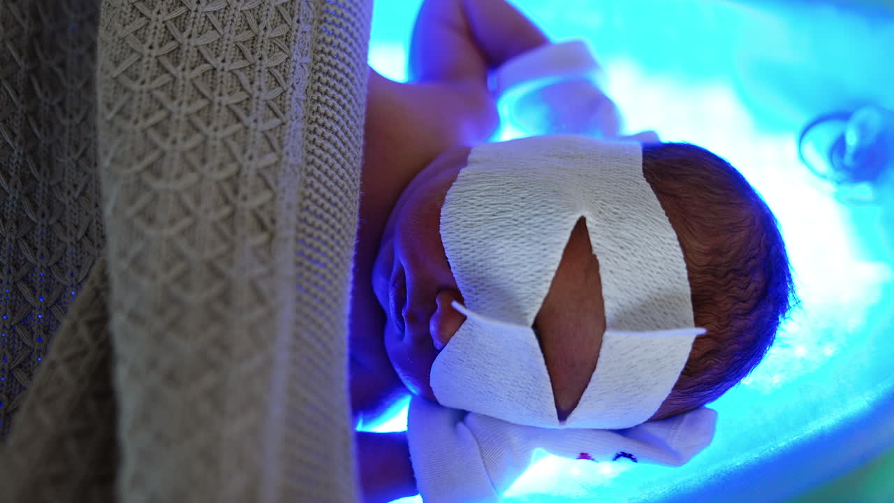 Newborn baby in bandage on eyes lies with hands behind head on UV lamp. Little child covered with blanket is treated from high level of bilirubin. Top view close up.