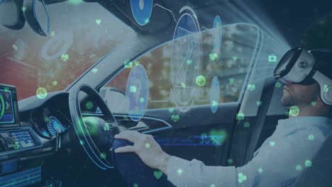 animación de pantallas de información con auriculares man in vr utilizando un coche de conducción autónoma