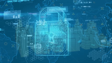 animation of data processing and world map, metaverse city and digital padlock in blue space