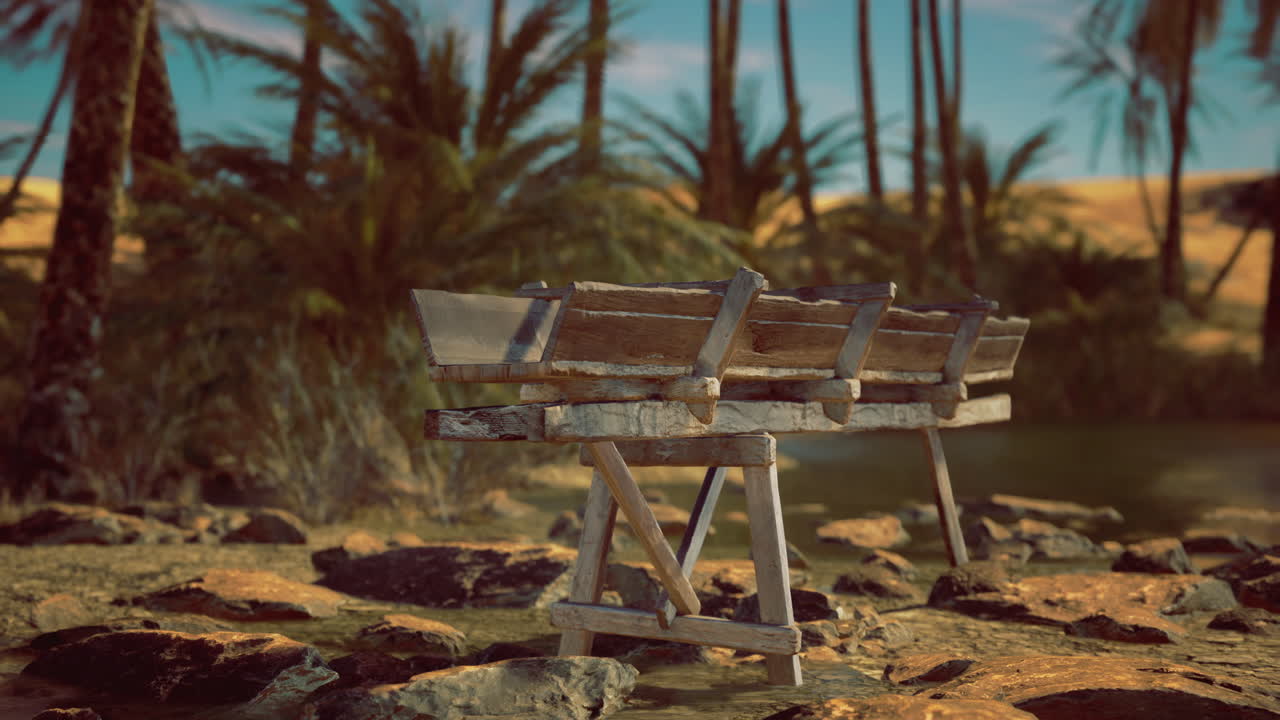 Desert landscape with old wooden benches near a calm water body